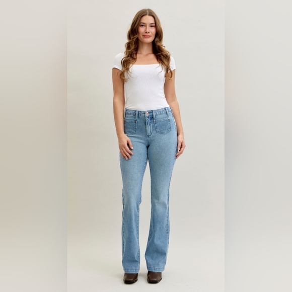 Judy Blue MR Medium Contrast Wash Bootcut Jeans Front Patch Pocket Various NEW - Picture 13 of 16